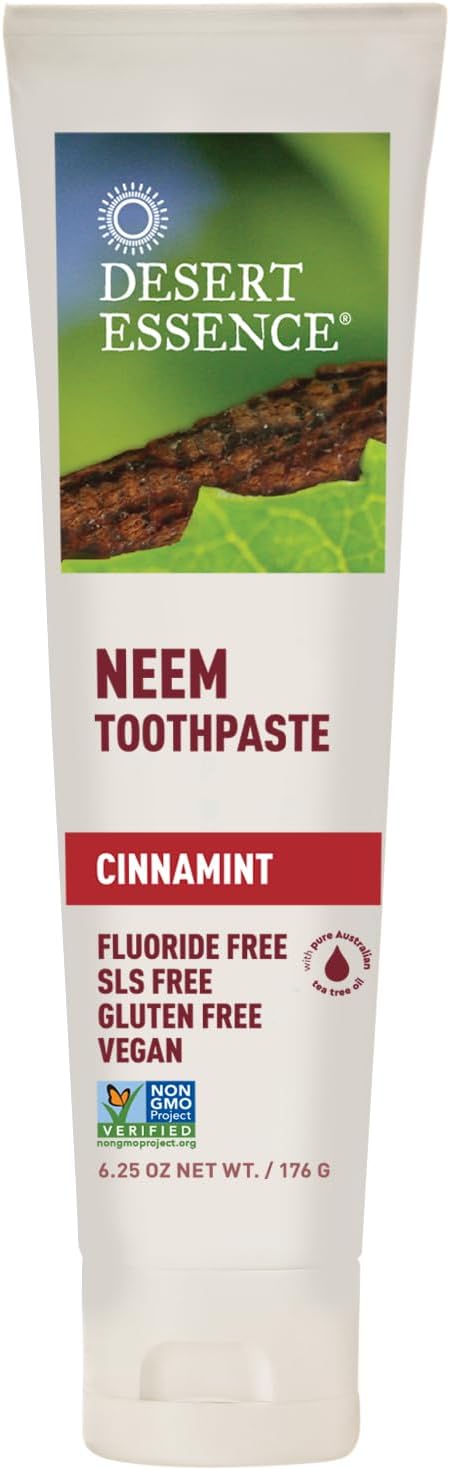 Desert Essence Natural Neem Toothpaste - Cinnamint - 6.25 Oz - Pure Essential Oil - Baking Soda - Complete Oral Care - Sea Salt - Refreshing Taste - Promotes Buildup Reduction