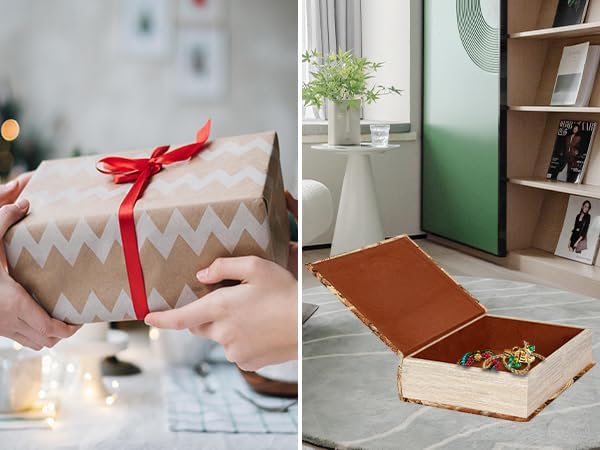 Decorative Fake Book Box for Shelf Decor, Coffee Table Storage & Home Decor - Vintage Faux Leather Embossed Secret Storage Box with Magnetic Closure (12" Large Size)