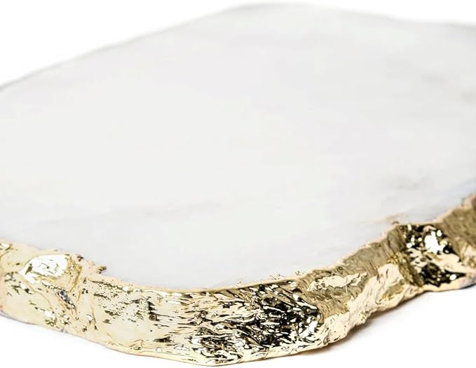 Generic White Quartz Agate Cheese Board Platter Tray Gold Plated Edges Agate Slab for Table Centrepiece Geode Stone Gifts For House Warming, Engagement, Wedding, Christmas