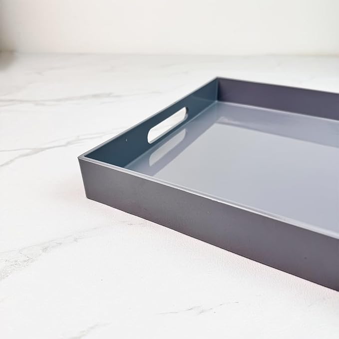 Grey Decorative Tray, Rectangular Large Serving Tray with Handles, Plastic Coffee Table Tray for Ottoman, Living Room, Kitchen Tabletop, 15.7” x 11.8” x1.6”