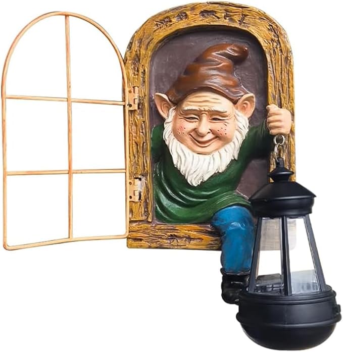 Garden Gnome Decor Outdoor Statue - Gnome With Solar Waterproof Lantern, Whimsical Elf Out The Door Tree Hugger Garden Statues, Home, Fence, Patio, Resin Ornament, Gardening Gift Tree Faces Gnomes