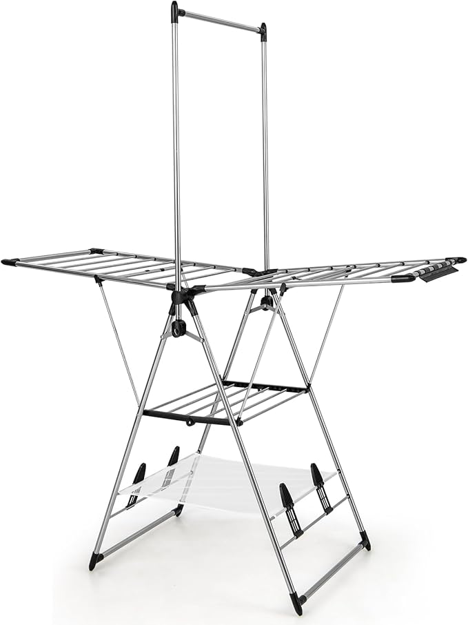 Giantex Clothes Drying Rack, Foldable Laundry Drying Rack with with 6-Level Adjustable Height, High Hanger Design, Side Clips, Space Saving Collapsible Laundry Drying Rack