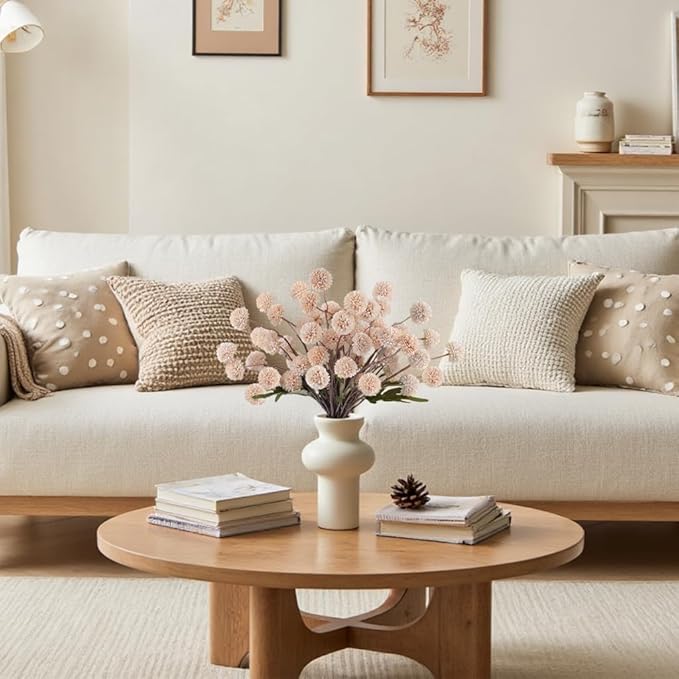 Faux Beige Kiku Flowers 10 Stems & 2 Eucalyptus, Fake Mums Pompon Flower Ball, Autumn Artificial Chrysanthemums Flowers for Boho Bedroom Decor, Silk Mini Faux Kiku Flower Wedding Arrangements Decor