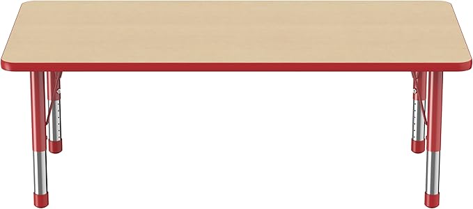 Factory Direct Partners FDP Rectangle Activity School and Classroom Kids Table (30 x 60 inch), Toddler Legs, Adjustable Height 15-24 inches - Maple Top and Red Edge