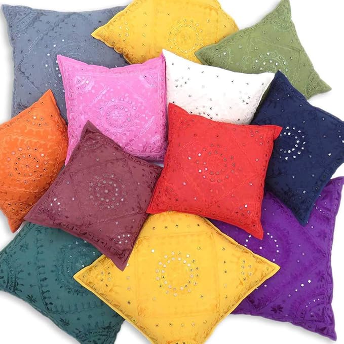 Eyes of India Embroidered Decorative Boho Throw Pillow Cover with Mirrors, Handmade Bohemian Accent Cushion Case for Sofa Couch Bedroom Living Room (Purple, 16" x 16")