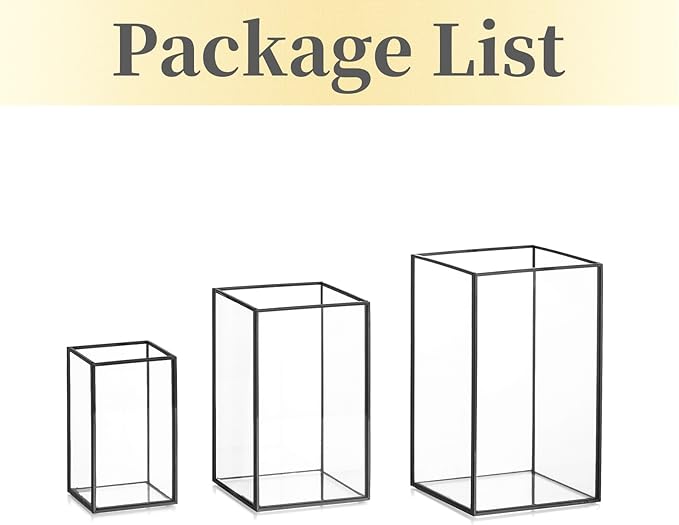 Glass Hurricane Candle Holder Large - Hewory 3pcs Black Rectangle Flower Holders Centerpiece for Table, Tall Floor Square Pillar Candle Lantern for Wedding, Anniversary, Party, Fireplace, Dining Room