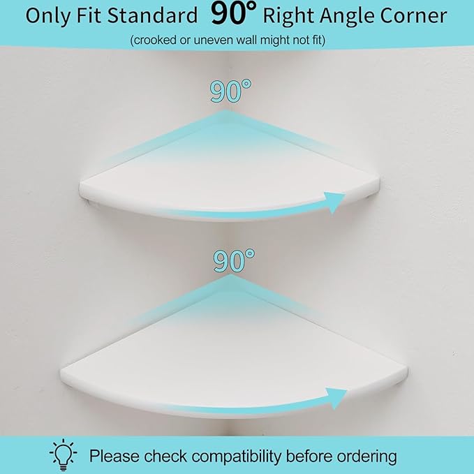 Corner Shelf, Solid Oak Wood Floating Corner Shelf Wall Mount Round End Floating Speaker Shelves with Wire Hole for Small Plant Photo Frame for Bedroom Kitchen, Living Room (White, 7.1in)