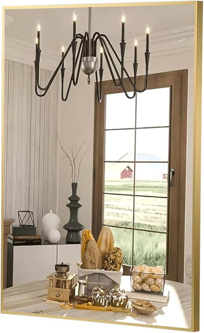 FARMER 20x30 Inch Gold Bathroom Mirror, Rectangle Wall Mounted Mirror, Vanity Mirror, Brushed Square Mirror, Framed Bathroom Mirror for Bedrooms, Entryways, Living Rooms, Horizontal/Vertical