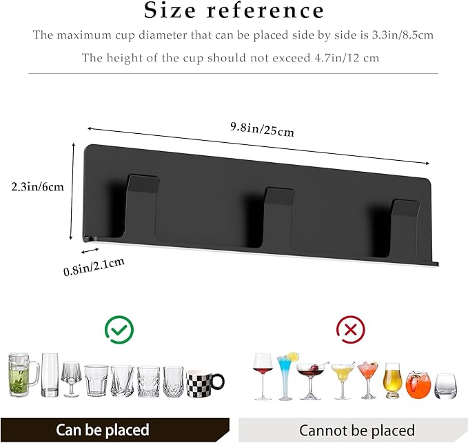 Cup Holder, 4 Pack Wine Glass Holder,No Drilling Installation Wine Glass Holder Wall Mounted for Dining Room, Kitchen and Bar Daily Use (Classic Black)