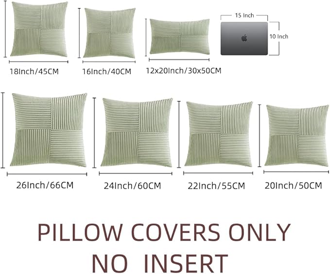 Fancy Homi 2 Packs Sage Green Decorative Throw Pillow Covers 18x18 Inch for Living Room Couch Bed Sofa, Farmhouse Boho Home Decor, Soft Corss Corduroy Patchwork Textured Square Cushion Case 45x45 cm