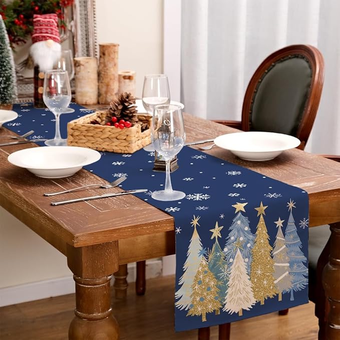 GEEORY Christmas Table Runner 13x108 Inch, Xmas Trees Snowflakes Holiday Decorative Farmhouse Table Decoration for Kitchen Dinning, Indoor Outdoor Dinner Party Decor (Blue) GT151-108