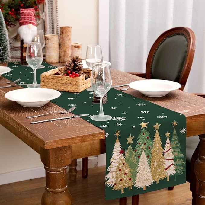 GEEORY Christmas Table Runner 13x90 Inch, Xmas Trees Snowflakes Holiday Decorative Farmhouse Table Decoration for Kitchen Dinning, Indoor Outdoor Dinner Party Decor (Green) GT152-90