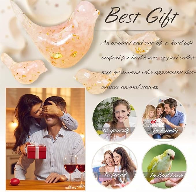 Crystal Bird Figurines, Resin Animal Statues, Miniature Decorative Gravel Birds, Home Decor (4PCS-RoseQuartz)