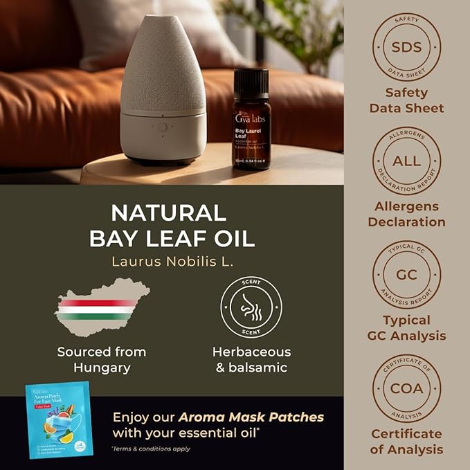 Gya Labs Bay Leaf Essential Oil for Diffuser - 0.34 Fl Oz - 100% Natural Bay Laurel Oil for Hair, Skin & Candle Making Scent
