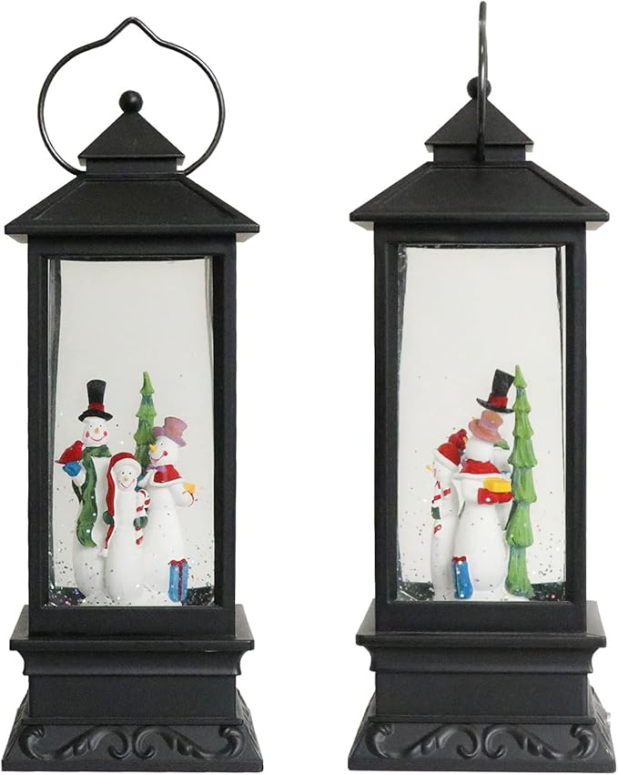 Eldnacele Singing Battery Operated Musical Lighted Christmas Snowman Water Glittering Swirling Snow Globe Lantern with Music Christmas Home Decoration and Gift, Snowman Family