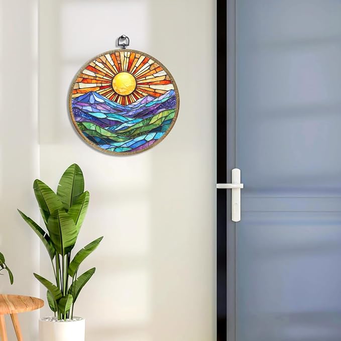 Colorful Mountain Sunset Bohemian Style Rainbow Sunrise Art Gift Framed Round Wall Decor Canvas Wall Art Hanging Prints Artwork for Home Nursery Bedroom Door Office Porch Decorations 10.2X10.2 Inch