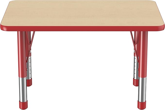 FDP Rectangle Activity School and Classroom Kids Table (24 x 36 inch), Chunky Toddler Leg, Adjustable Height 15-24 inches - Maple Top and Red Edge