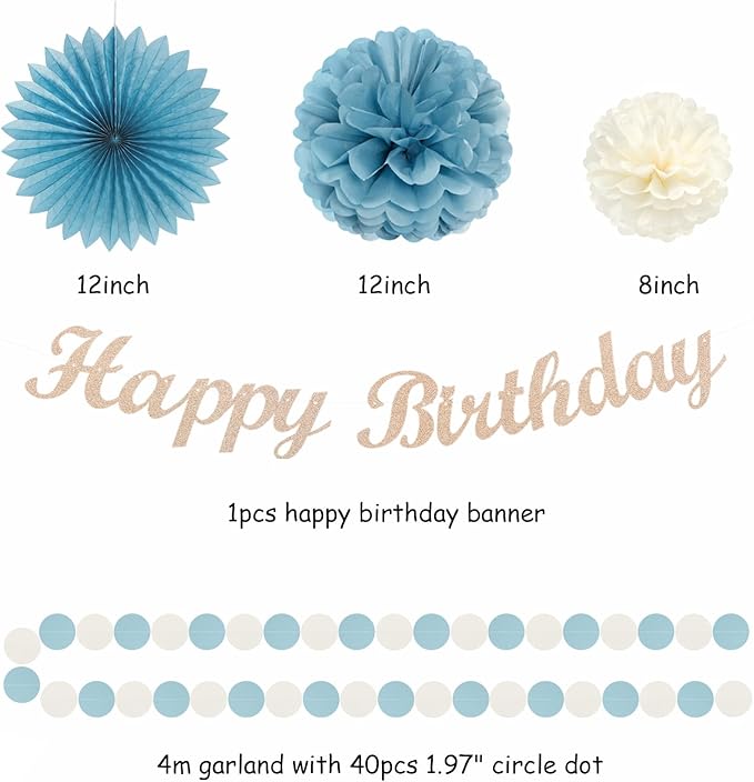 Dusty-Blue White Birthday Party-Decorations Paper-Flowers - 14pcs Happy Banner Boy Lanterns Tissue Pom Poms,Men Streamers Garland Fans Honeycomb,Baby Teen Male Kids Hanging Supplies Decor Hugfond