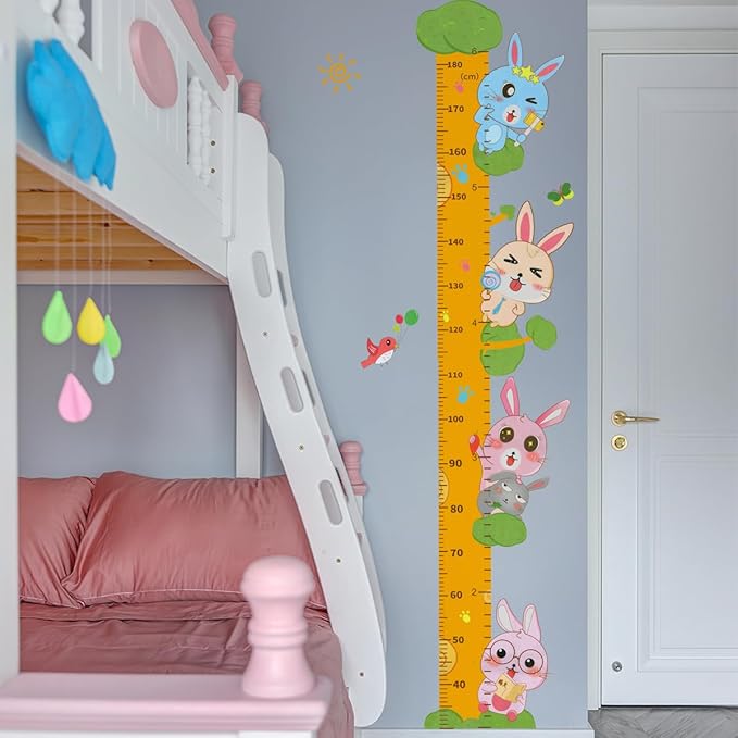 Cute Rabbits Self-adheve Vinyl Nursery Wall Decal Baby Growth Chart Sticker for Bedroom Play Room