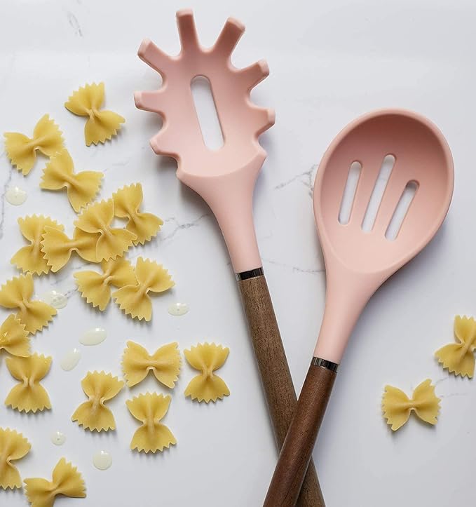 Country Kitchen Non Stick Silicone Utensil Set with Rounded Wood Handles for Cooking and Baking, 8 Piece Set, Pink
