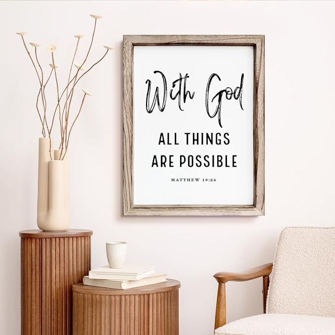 Christian Wooden Wall Signs, Religious Home Decor, Farmhouse Decor for Home Office, Christian Gift, Hanging Framed Wall Plaque 15 * 11.5 inches, With God All Things are Possible Sign