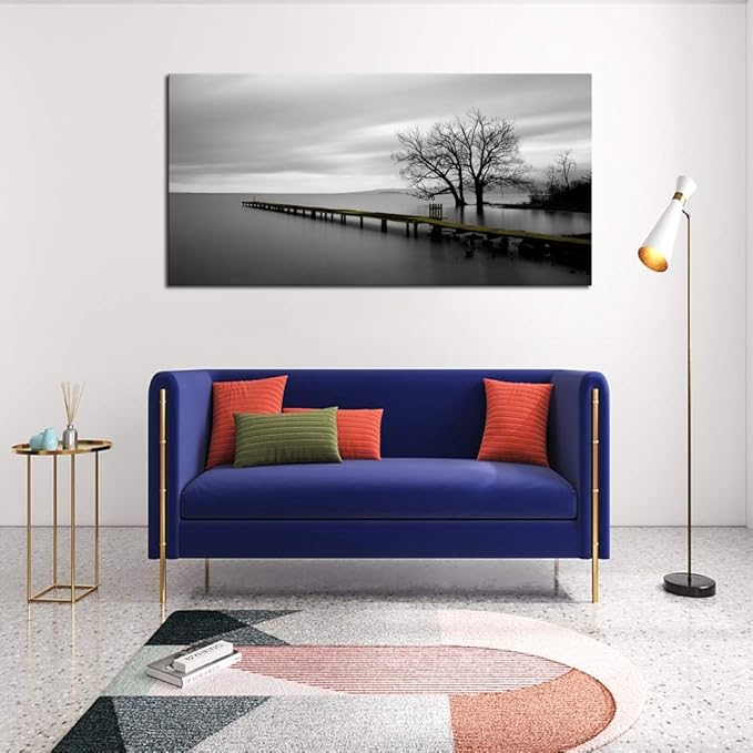 DZL Art S74975 Canvas Prints Modern Minimalist Black and White Lake Trees Landscape Wall Art Painting for Living Room Bedroom Decor Office Wall Decor Home Decoration