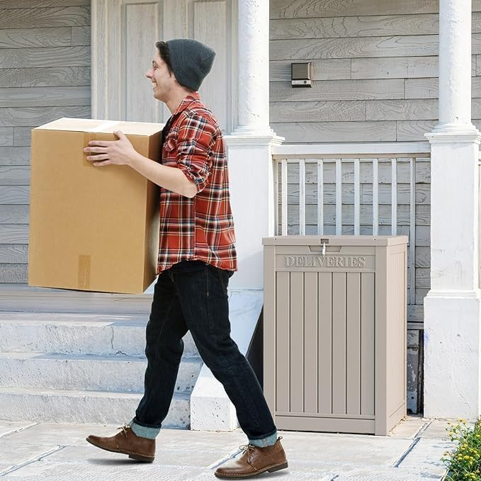 DRATO 48 Gallon Package Delivery Box, Large Lockable Storage Box, Double-Wall Resin Outdoor Package Delivery and Waterproof Deck Box for Porch, Patios