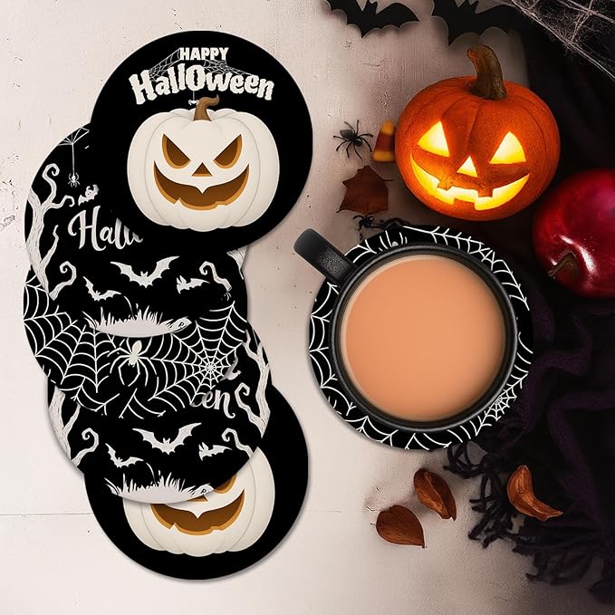 Coaster for Drinks Set of 6, Happy Halloween Pumpkin Spider Web Black Absorbent Round Ceramic Stone Mat, with Cork Base and Metal Holder, Gift for Housewarming Room Bar Decor