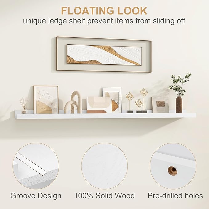 Floating Picture Ledge Shelves 55 Inch Solid Oak Wood Set of 2, Rustic Wall Storage Shelves with Lip, Kids Bookshelf, Photo & Picture Ledge Shelves for Bedroom, Living Room, Kitchen