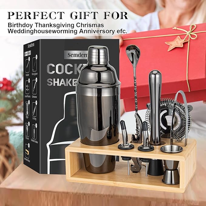 Cocktail Shaker Set, Mixology Bartender Kit 10-Piece Bar Tool Set with Stylish Bamboo Stand, Bar kit: Matini Shaker Mixing Spoon Muddler Jigger Cocksrew for Barware Set | Black