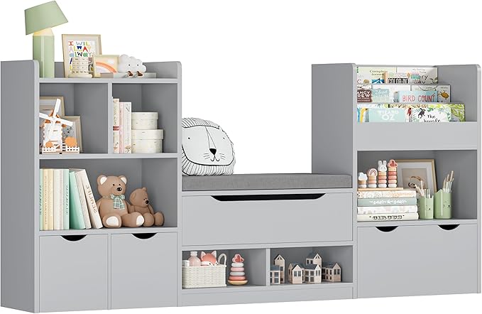 FOTOSOK 72” Kids Bookshelf with Reading Nook, Large Toy Storage Organizer with Seat Cushion and 3 Movable Drawers, Kids Reading Nook Toy Organizers and Storage with Bench for Living Room, Grey