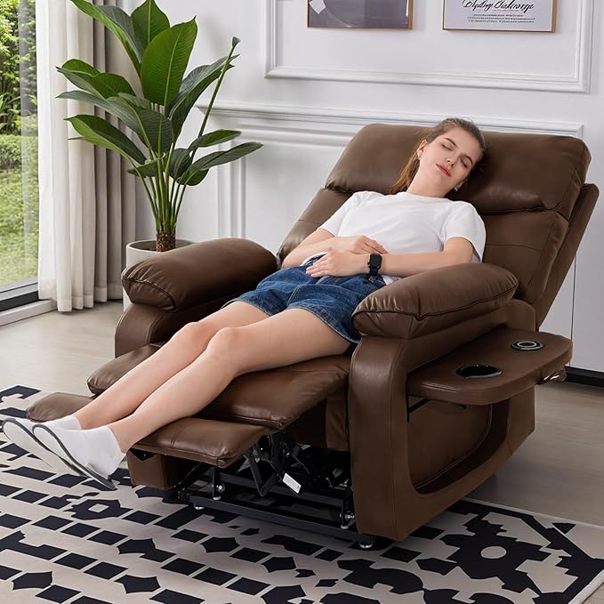 Dual Motor Power Lift Recliner Chair for Adult & Elderly, Infinite Position Lay Flat Lift Chair with Heat & Massage, Cup Holder, Lumbar Pillow, Wireless Charger, USB Ports, Leather (Ochre)