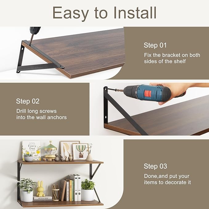 Fun Memories Deep Floating Shelves, 55W x 12D Floating Shelves for Wall, Wood Floating Shelf with Bracket, Wide Display & Storage Wall Shelves for Living Room, Bedroom, Walnut