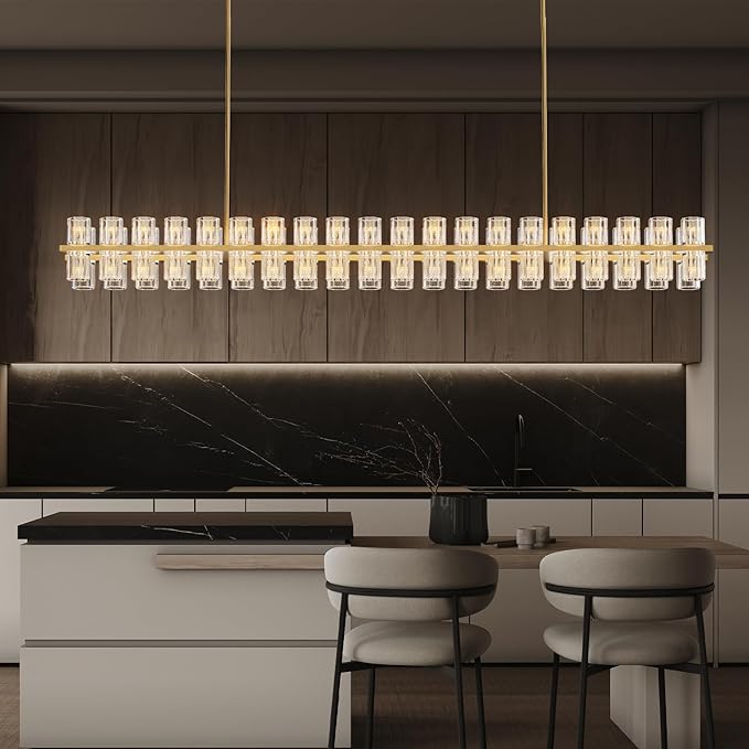 Crystal Brass Rectangular Chandelier Light Fixture,72 in Dining Room Chandeliers Over Table,Modern Chandelier For Living Room,Arcachon Chandeliers,Kitchen Island Chandelier,Includes 80xG4 Bulbs