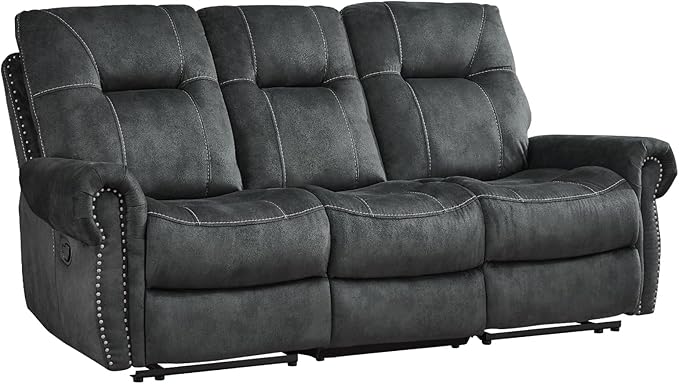 EBELLO Manual Recliner 3 Seat Sofa Couch, Soft Fabric 3 Seater Reclining Couch Chair, Vintage Rivet Mid-Century Design Furniture for Living Room, Meeting Room, Grey