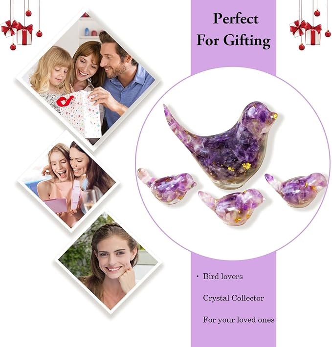 Crystal Bird Figurines, Resin Animal Statues, Miniature Decorative Gravel Birds, Home Decor (4PCS-Amethyst)