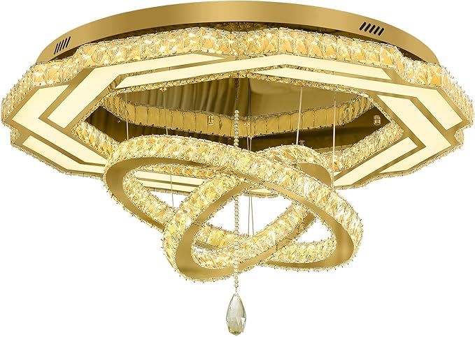 Flashing God Large Crystal Chandelier Dia 48" Gold Chandelier Flush Mount Ceiling Light for Bedroom Living Room Dining Room Hallway Dimmable 3 Rings LED Celing Lighting Fixtures