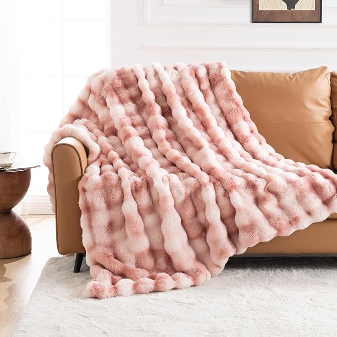 Cozy Faux Fur Throw Blanket for Couch-Warm Fuzzy Throw Blanket, Soft Plush Thick Bubble Blankets for Bedroom and Living Room, Furry Luxury Blanket, 90 x 90, Tie-Dye Pink