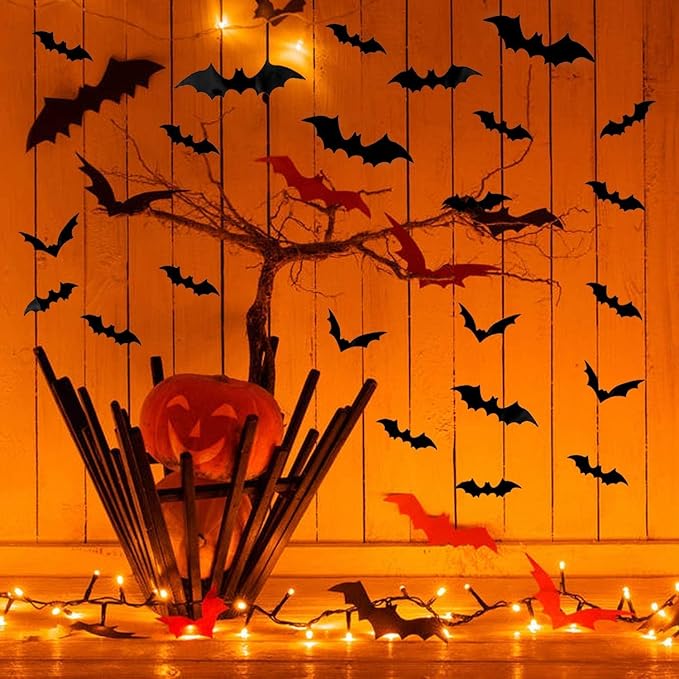 DIYASY Bats Wall Decor, 120 Pcs 3D Bat Halloween Decoration Stickers for Home Decor 4 Size Waterproof Black Spooky Bats for Room Decals