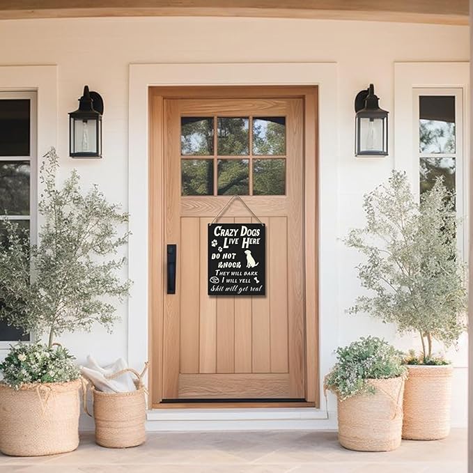 Do Not Knock or Ring Doorbell Sign for Front Door, Funny Dog Owner Warning Crazy Dogs Live Here Do Not Knock They Will Bark I Will Yell Wooden Signs, No Disturb Door Decor for Pet Lovers 10x8 Inch