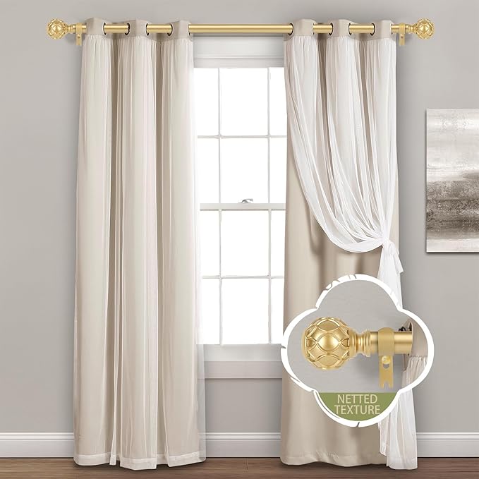 Gold Adjustable Curtain Rods for Windows:18-45 Inch Farmhouse Heavy Duty Curtain Rod for Bedroom Living Room,Boho Decorative Rustic Drapery Rods with Vintage Coastal Texture Finial,Brass Gold