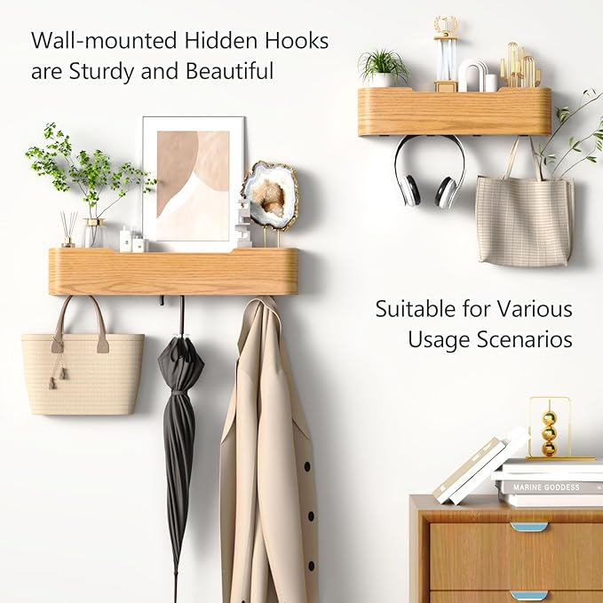 Coat Rack Wall Mount with Hidden Hooks Entryway Hanging Shelf Modern Wood Coat Hanger for Bedroom Kitchen Hallway Bathroom (Oak, 16.6 Inch Long)