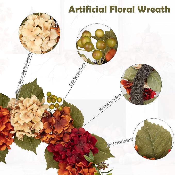 Fall Wreaths for Front Door, 20 inch Autumn Wreath with Hydrangeas Berries Fall Door Wreath Artificial Hydrangea Flowers Wreaths Autumn Decorations for Farmhouse Thanksgiving Harvest Door Wall Outside