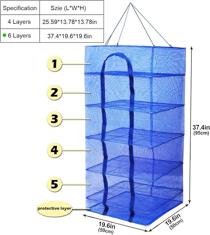 Drying Rack 6 Layers Folding Fish Mesh, Foldable Nylon Netting, Hanging Drying Fish Net, for Shrimp Fish Fruit Vegetables Herb, with Zipper Opening-Blue (37.4X19.6X19.6 in)…