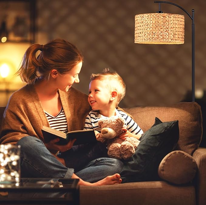 Floor Lamp for Living Room Bedroom Farmhouse Arc Rattan Boho Standing Lamp with Remote Dimmable Black Wicker Bamboo Lamp Shade Floor Light Adjustable Tall Lamp Industrial Floor Lamps Bohemian