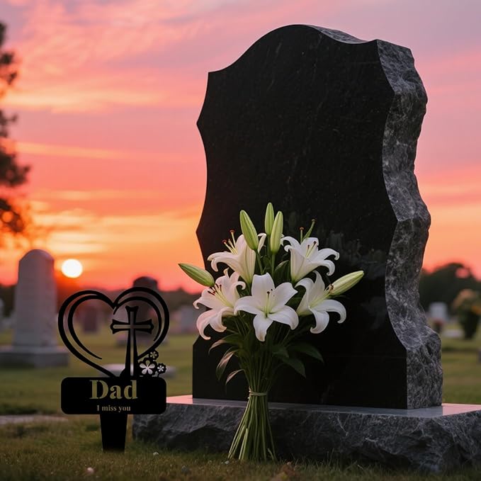 Dad Memorial Grave Stake, Cemetery Decorations for Grave Markers 12.5 x 7.2 inch Heart Metal Sympathy Stakes Graveside Plaque Decor Sign for Father Graves, Yard, Garden - Black-Dad