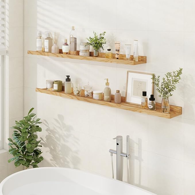 Floating Picture Ledge Shelves 55 Inch Solid Oak Wood Set of 2, Rustic Wall Storage Shelves with Lip, Kids Bookshelf, Photo & Picture Ledge Shelves for Bedroom, Living Room, Kitchen