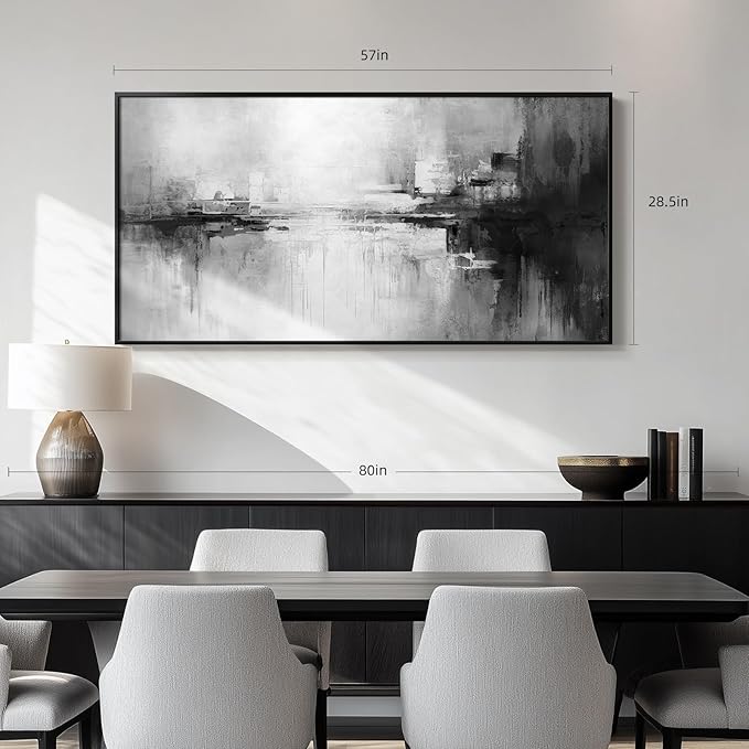 Framed Extra Large Black and White Abstract Canvas Wall Art, Modern Minimalist Horizontal Prints Painting Artwork for Walls, Black Grey Pictures Wall Decor for Living Room Hallway Bedroom Office 30x60 In
