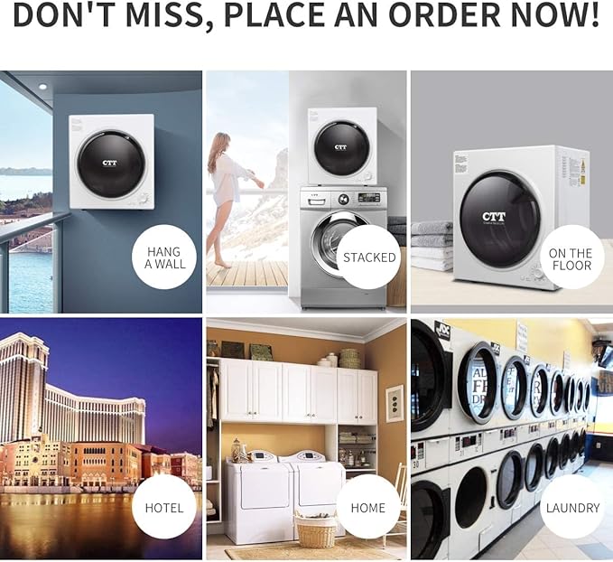 CTT 3.5 Cu. Ft. Clothes Dryer, 1500W Electric Dryers for Clothes, 110V Electric Clothes Dryer with Stainless Steel Drumble for 13.2 lbs. with 4 Automatic Drying Modes (White)