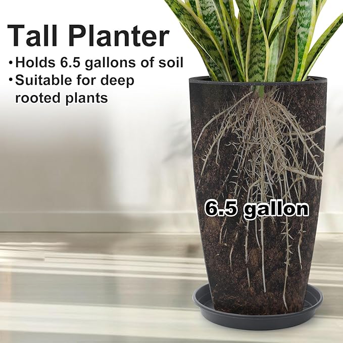 GameXcel Tall Flower Pot Indoor - Outdoor Plant Pot - Black Glossy Planter - Elegant Stone Imitation - 12" Diameter 21" Tall with Drainage Holes and Saucer 2Pack